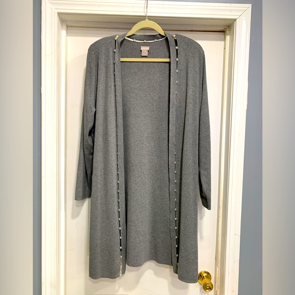 Chico’s long gray knit sweater with a band connected by pearls. Size 3.